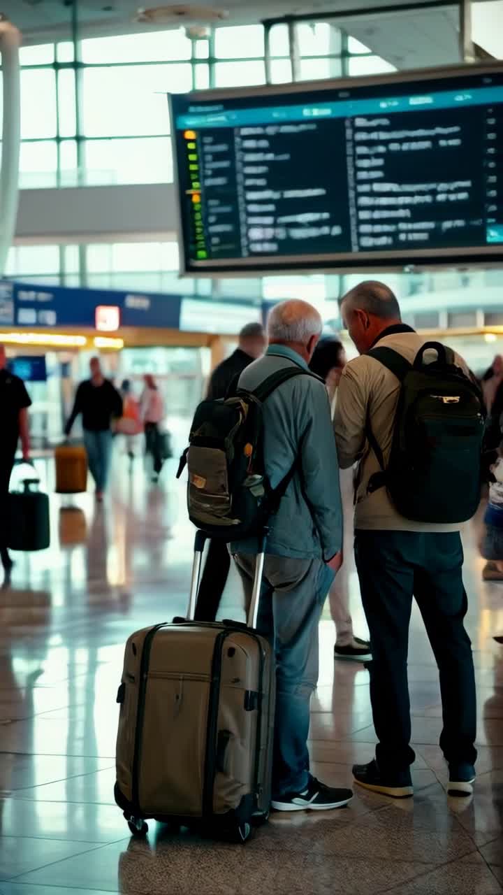 A senior man at the airport looking at flight information before boarding.