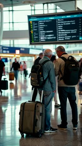 a senior man at the airport looking at flight information before boarding.
