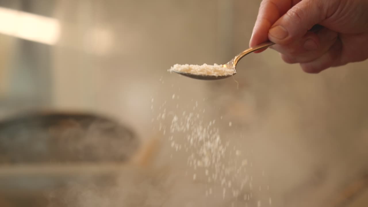 Sprinkle grated grana parmesan cheese in slow motion