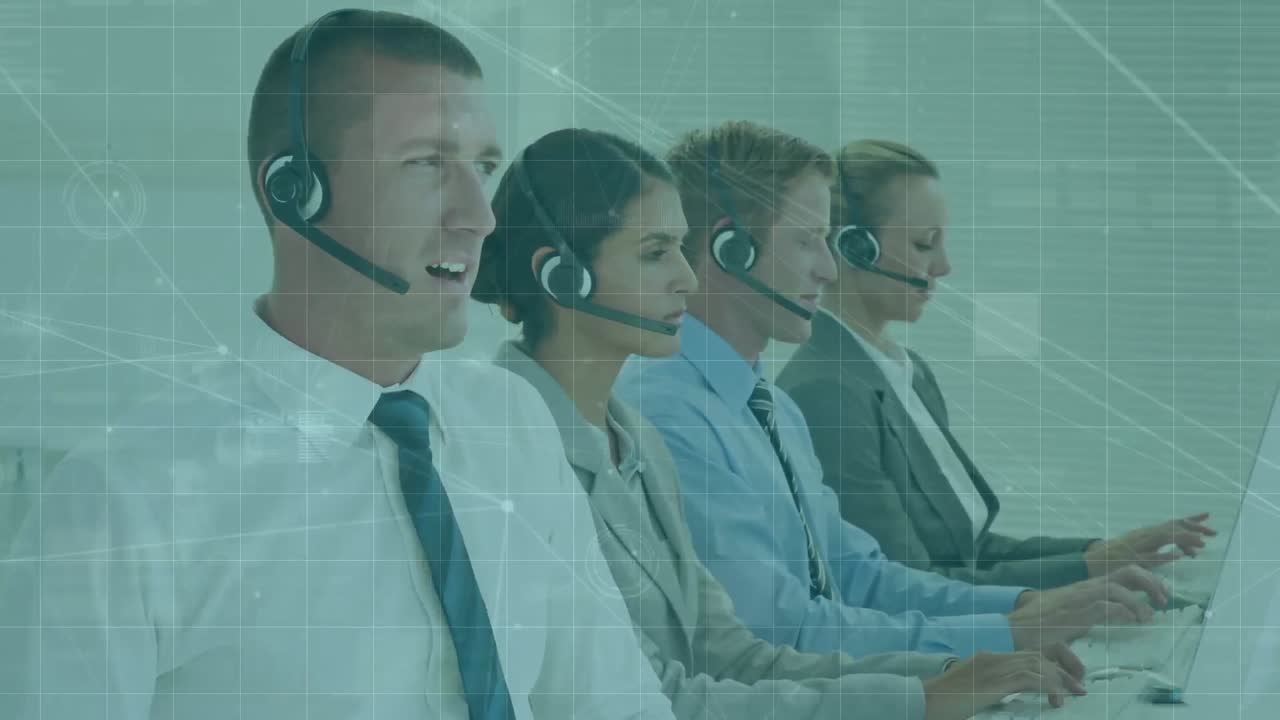 Animation of connections, data processing over business people using phone headsets