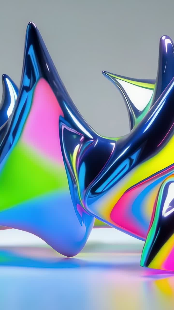 Vertical video: Camera panning metal shapes rotating on mirror floor in set showing rainbow hues