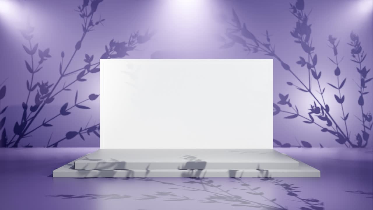 화이트 스크린 포스터를 가진 마케팅 캠페인 모형은 빛과 인디고 배경으로 무대에서