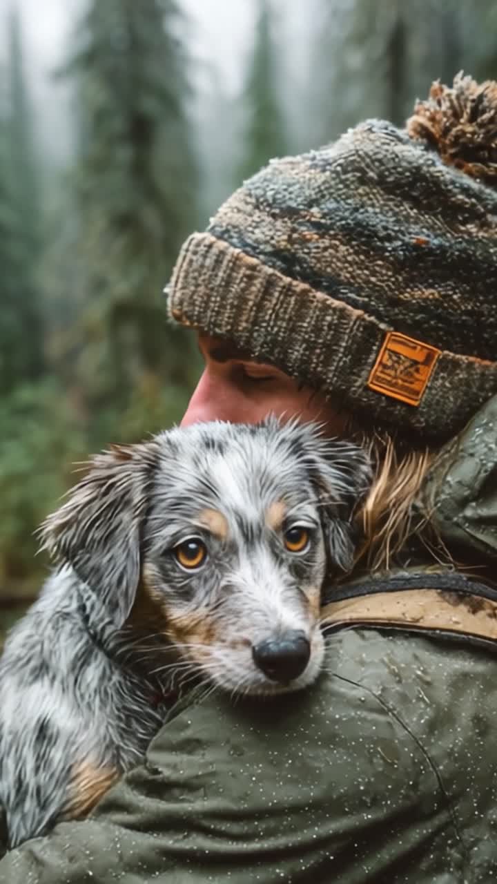 Embracing Nature's Companionship: A Heartwarming Moment Between a Person and Their Adorable Dog in a Misty Forest Setting