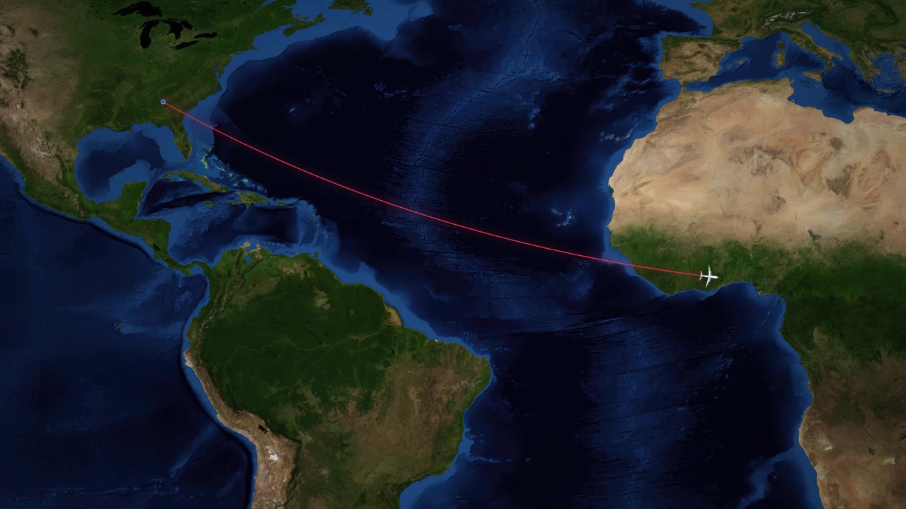 Top down satellite map animation tracks airplane icon flying from North America to Africa