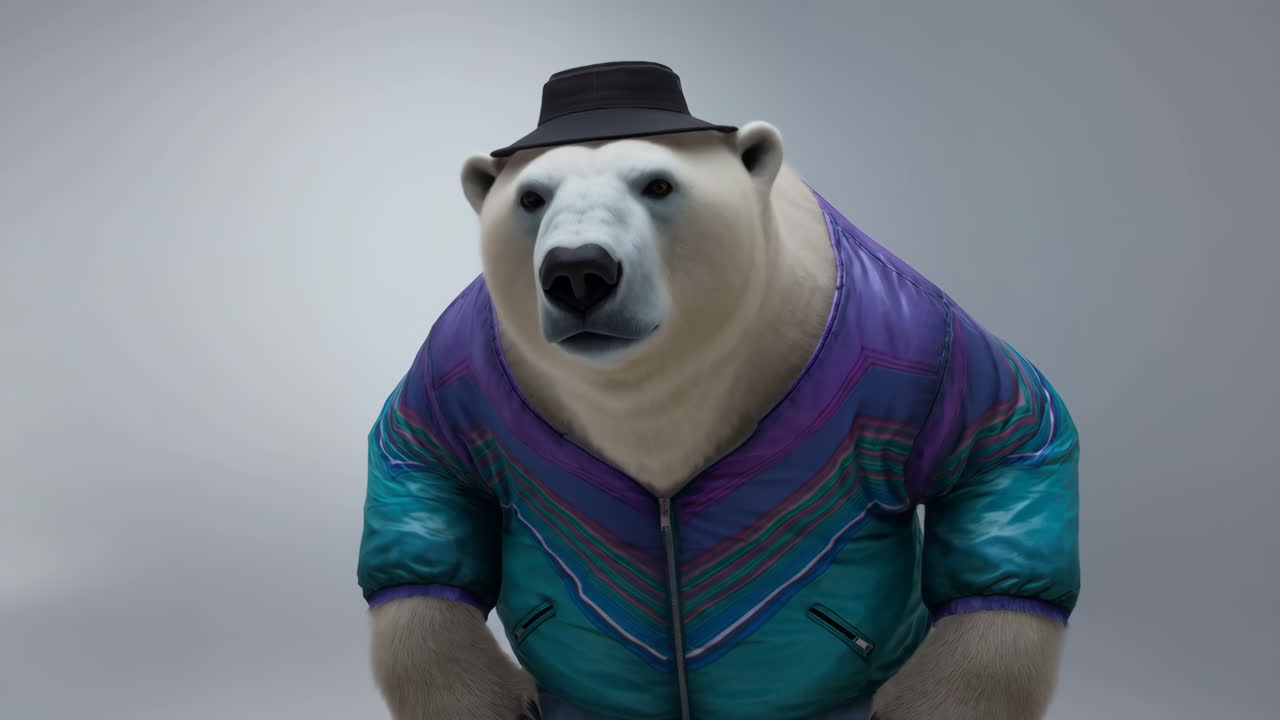 Fashionable Polar Bear in Retro Jacket and Fedora Hat