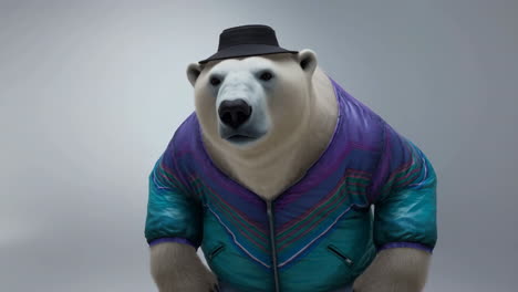 fashionable polar bear in retro jacket and fedora hat