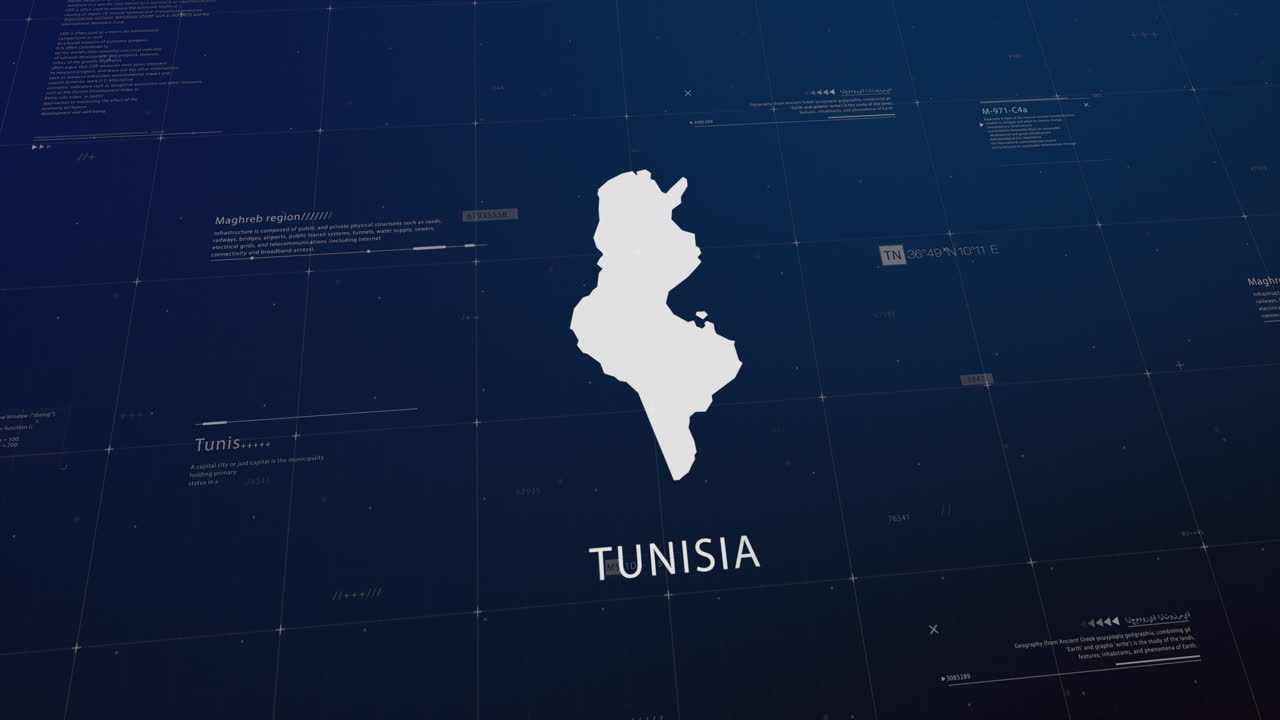 Tunisia country map comes to life with cinematic panning, unveiling key details, the capital, and slogan, providing an engaging background for corporate and commercial use