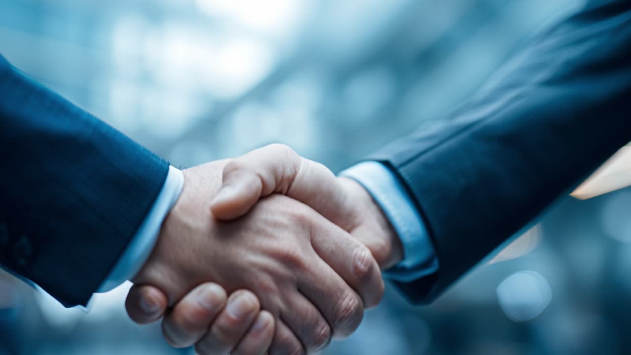 A Close-Up Firm Handshake Between Two Business Professionals Symbolizing Trust, Partnership, and Collaboration in a Modern Corporate Environment, Highlighted by a Soft Focus Background and Professional Attire
