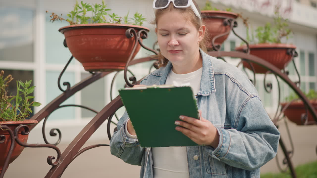 Young caucasian woman inspecting plants with clipboard near potted display, denim jacket, sunglasses on head, attentive caring expression, greenery and planters, outdoor plant study and gentle