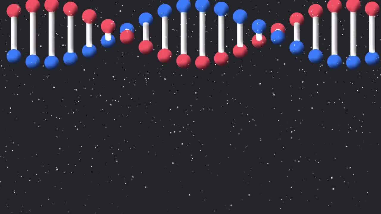 회전하는 3d 모델 dna 가닥과 검은색 배경에 내리는 눈의 애니메이션