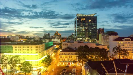 Aerial Time lapse of 5G 6g smart city metropolis at sunset with big data travelling around district and big skyscrapers building sharing information