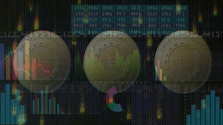 Ticker in alto che si aggiorna, tre monete NFT che svaniscono mentre i grafici salgono e mostrano le tendenze di mercato