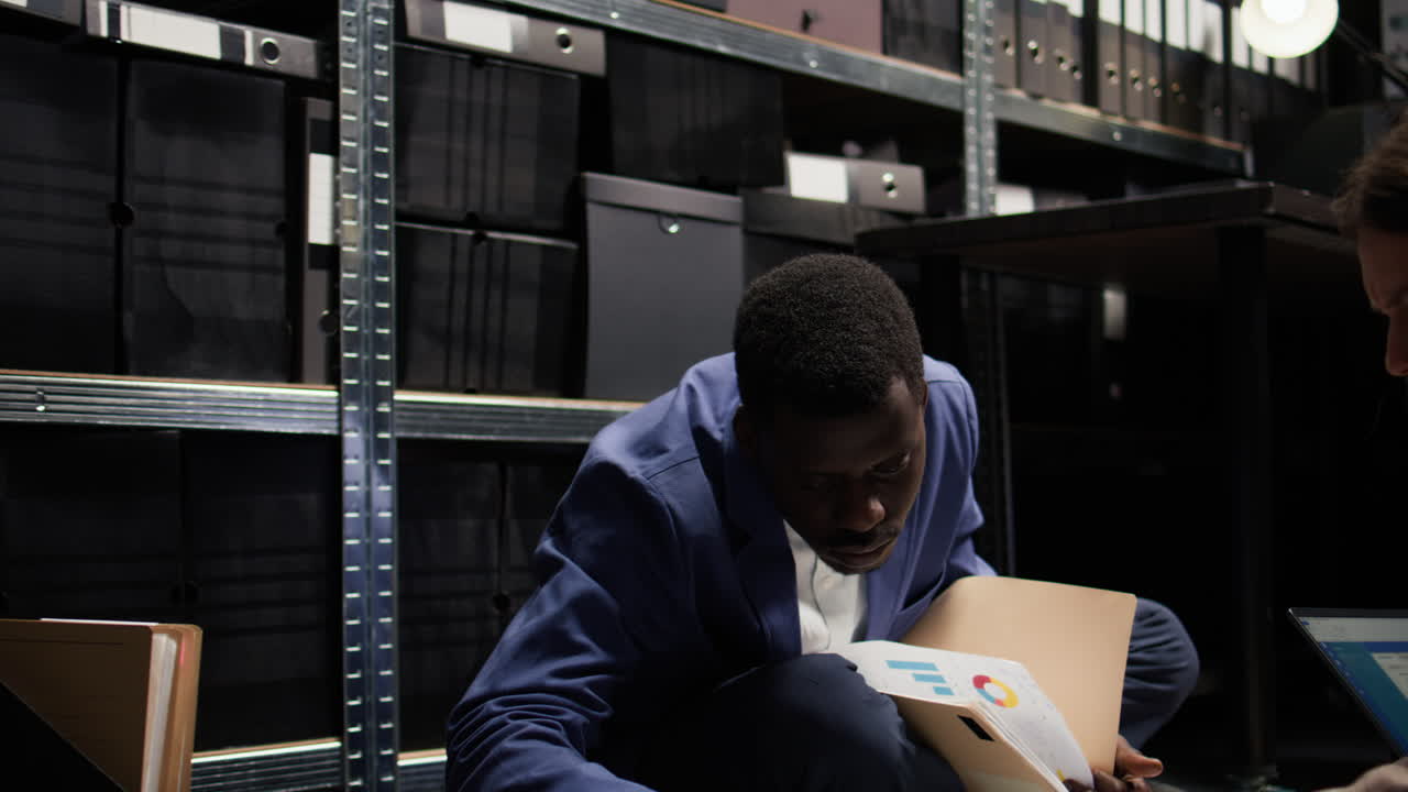 Business professionals working together in an archive room