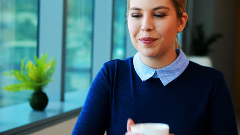 Weibliche-Führungskraft-Benutzt-Laptop-Beim-Kaffeetrinken