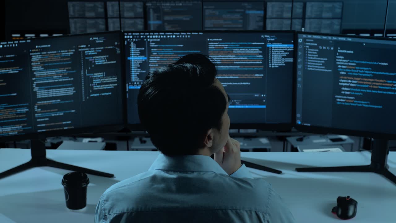 vista trasera de un hombre asiático desarrollador pensando en algo luego levantando su dedo índice mientras escribe código con múltiples pantallas de computadora en la oficina