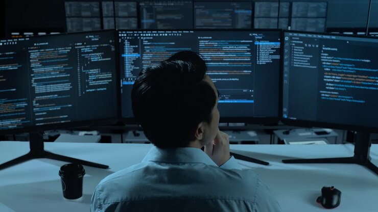 Back View Of Asian Man Developer Thinking About Something Then Raising His Index Finger While Write Code With Multiple Computer Screens In The Office