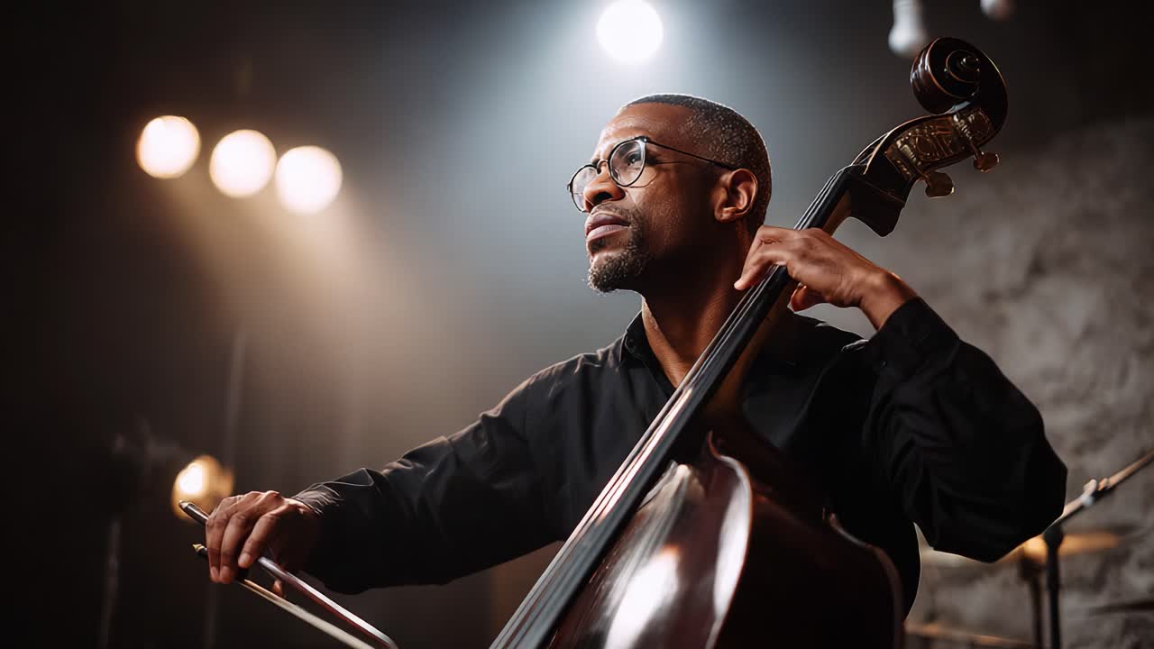 En fængslende cellist, der optræder passioneret på scenen under dramatisk belysning og viser rytme og følelser i en fascinerende musikalsk fremvisning