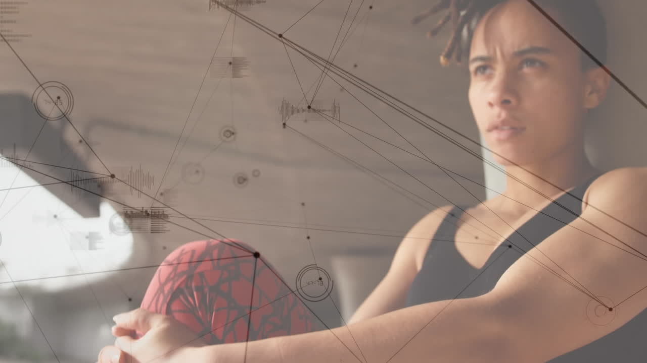 animación de la red de conexiones sobre la mujer en forma que hace ejercicio