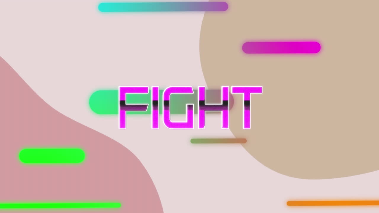 Animation of fight text banner over colorful light trails against abstract pink background