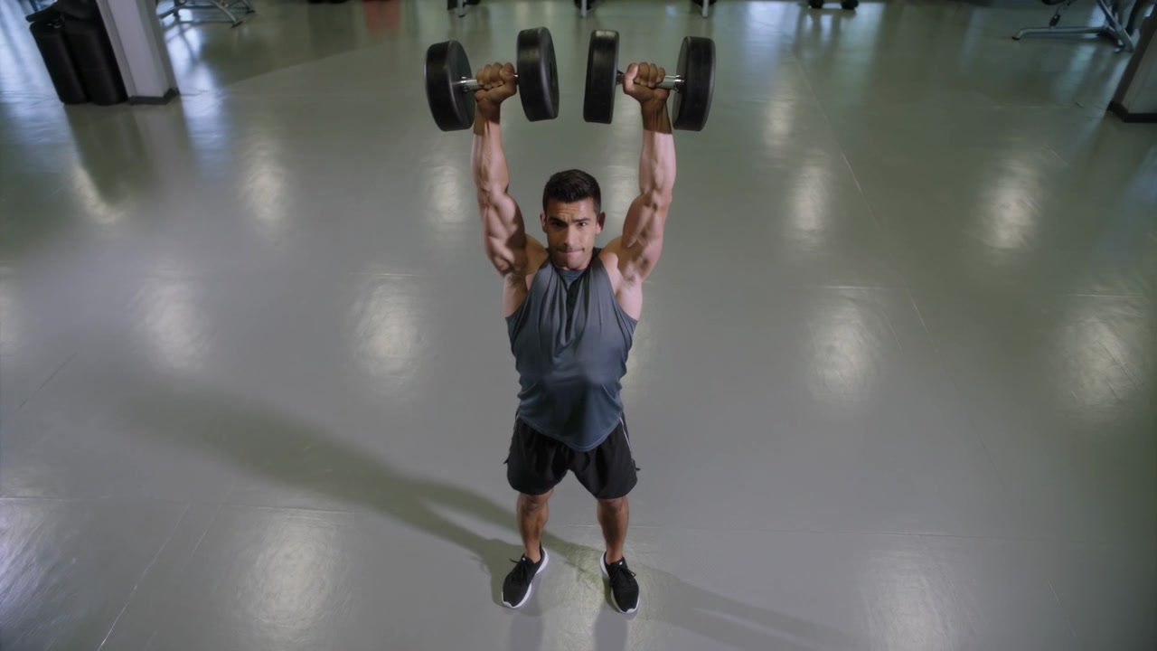 Uomo con maglietta grigia che esegue spinte con manubri pesanti sul pavimento della palestra, partendo dalle spalle per la forza.