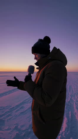 person watching sunrise or sunset over frozen landscape