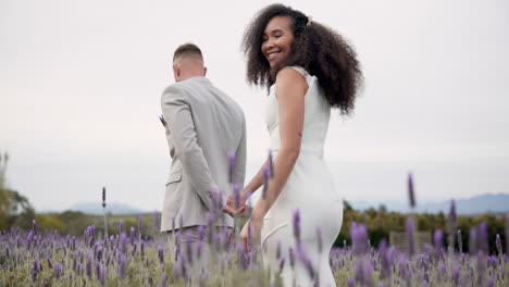 Wedding,-nature-and-happy-couple-walking-garden