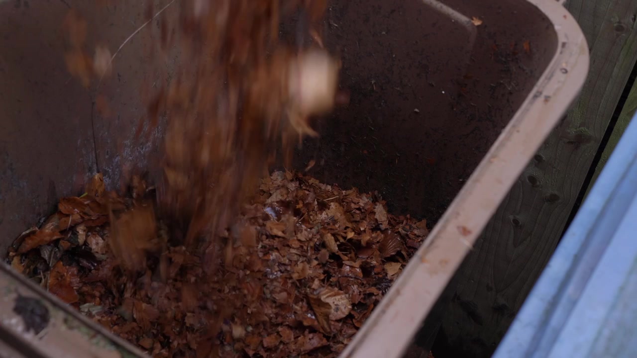 Recycling leaves man pours bucket of garden waste into compost bin.