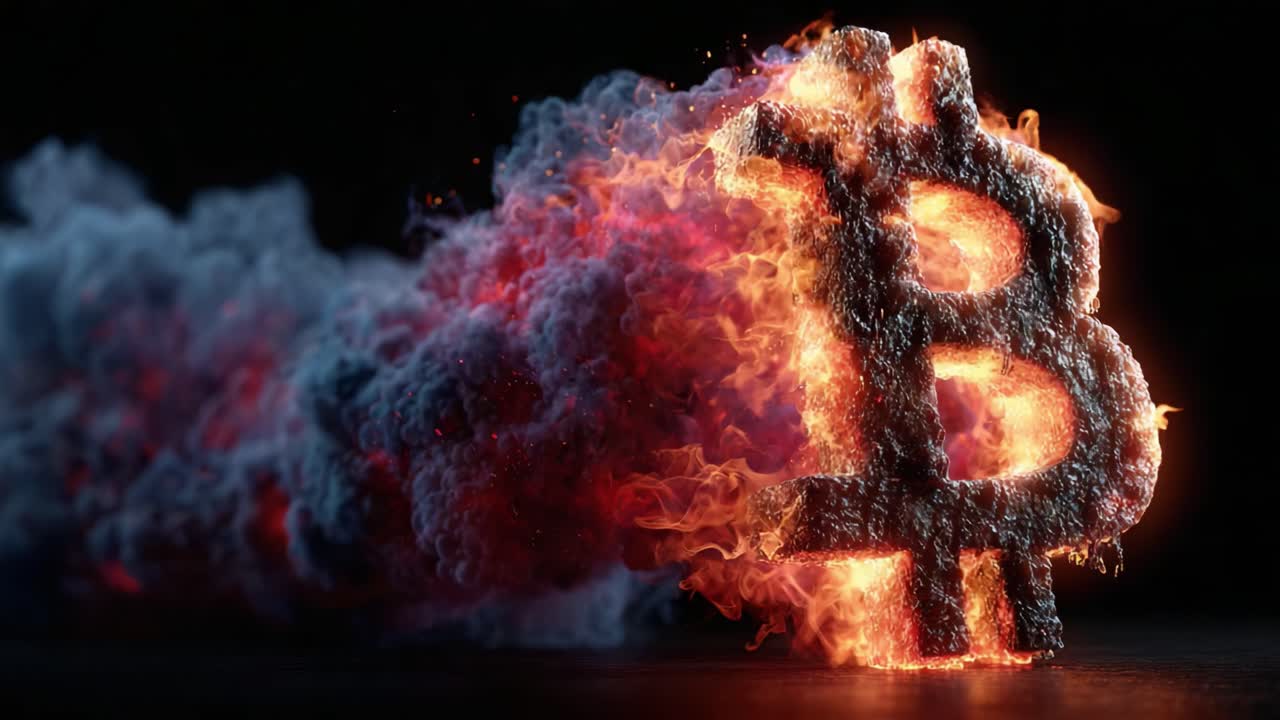 Explosive Bitcoin Symbol Surrounded by Fiery Smoke: A Vivid Representation of Cryptocurrency's Energy and Potential