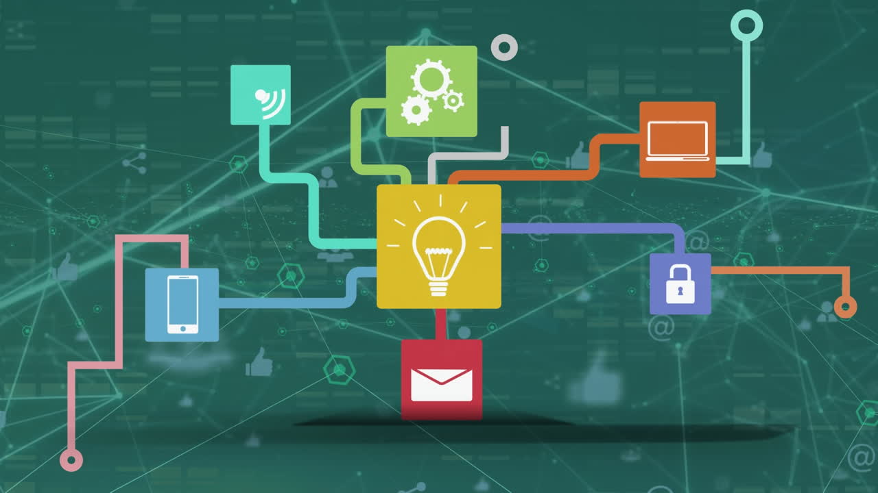 Animation of network of connections with people icons, data processing over grid