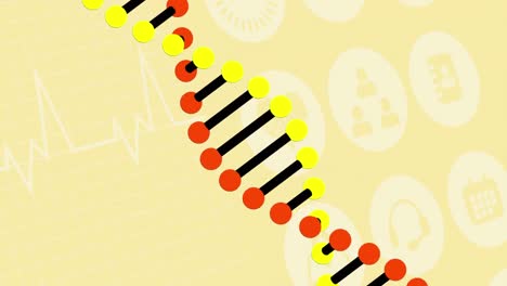 Animation-Eines-DNA-Stamms,-Der-Sich-über-Herzschlagmonitor-Und-Soziale-Symbole-Dreht