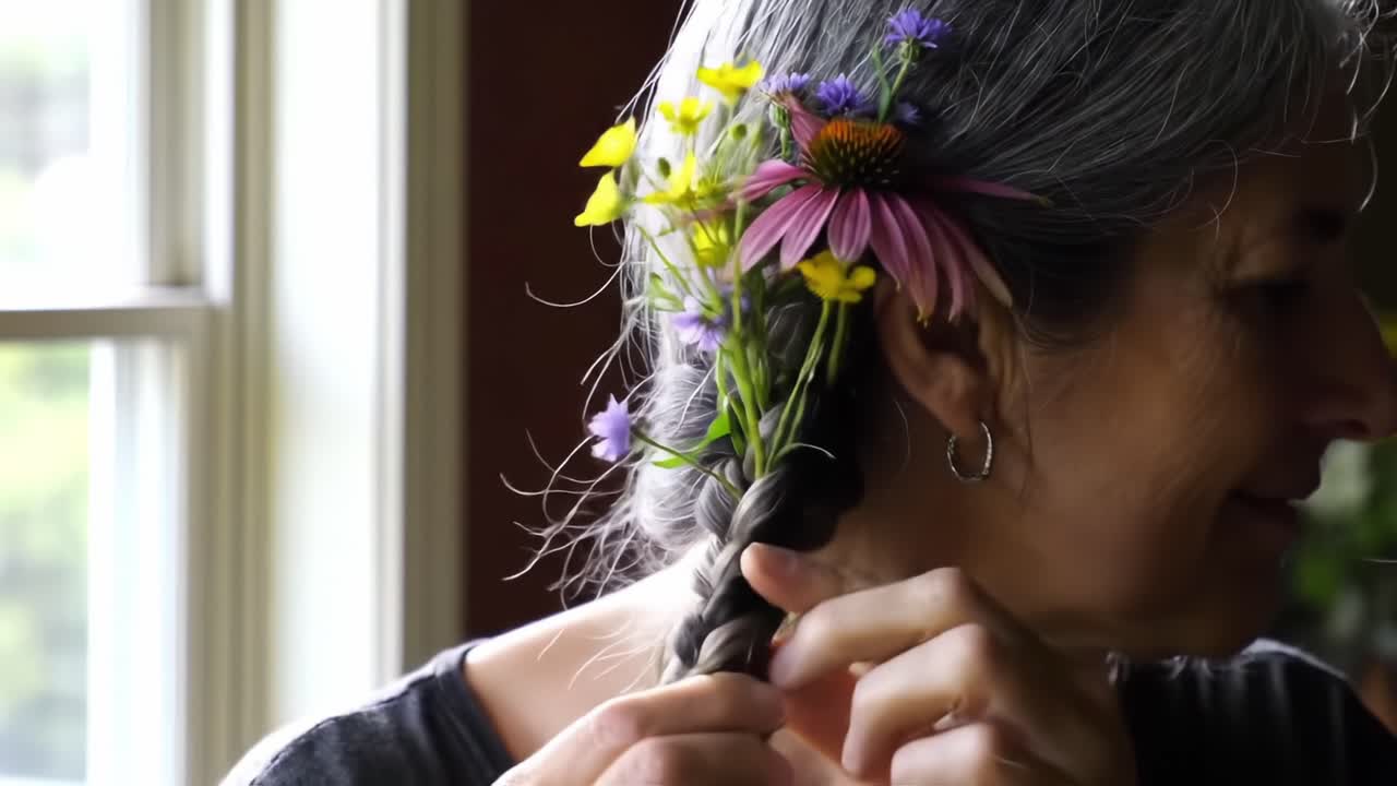 Creating a Beautiful Floral Hair Braid: A Woman's Artistic Expression Using Fresh Wildflowers for a Natural and Whimsical Hairdo