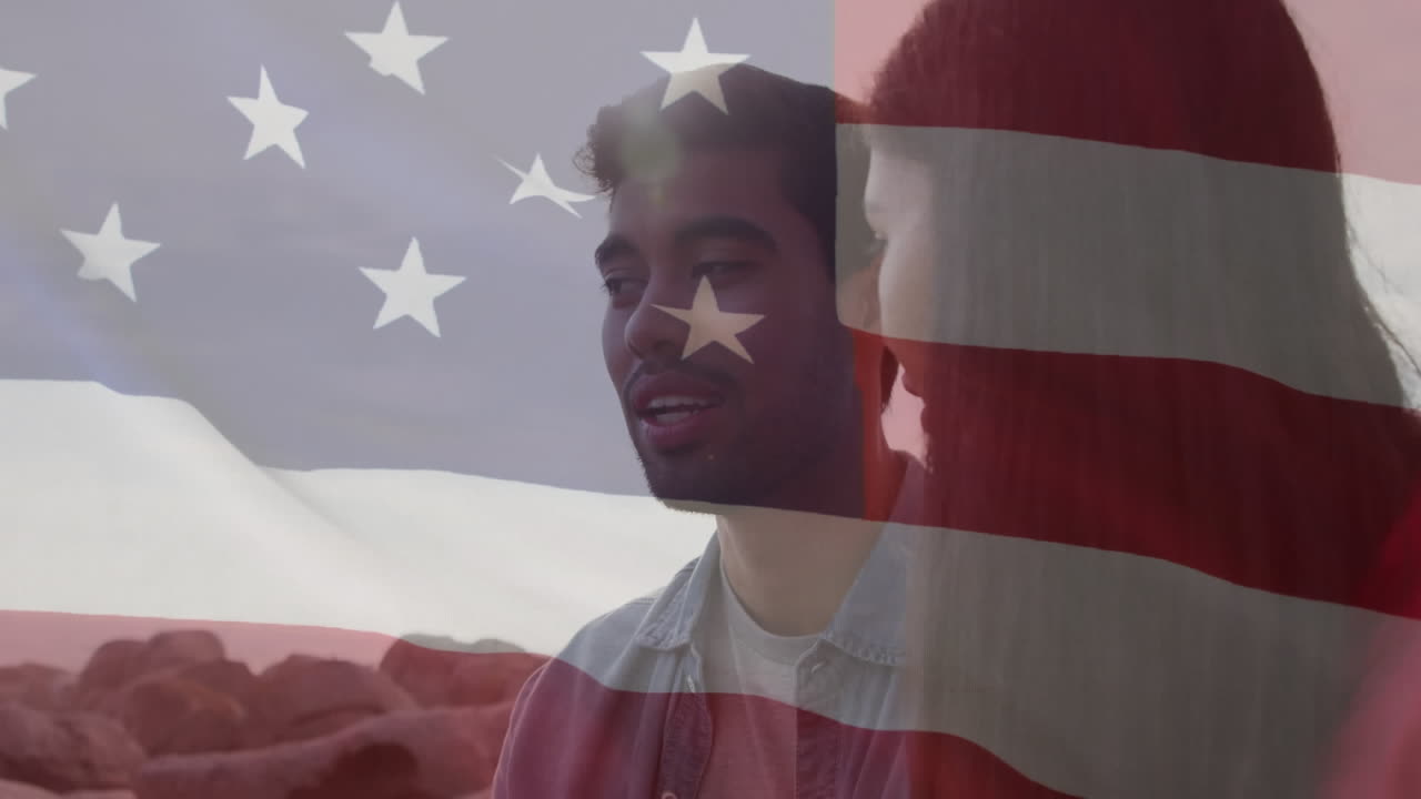 해변에서 다양한 부부 위에 미국 발의 애니메이션