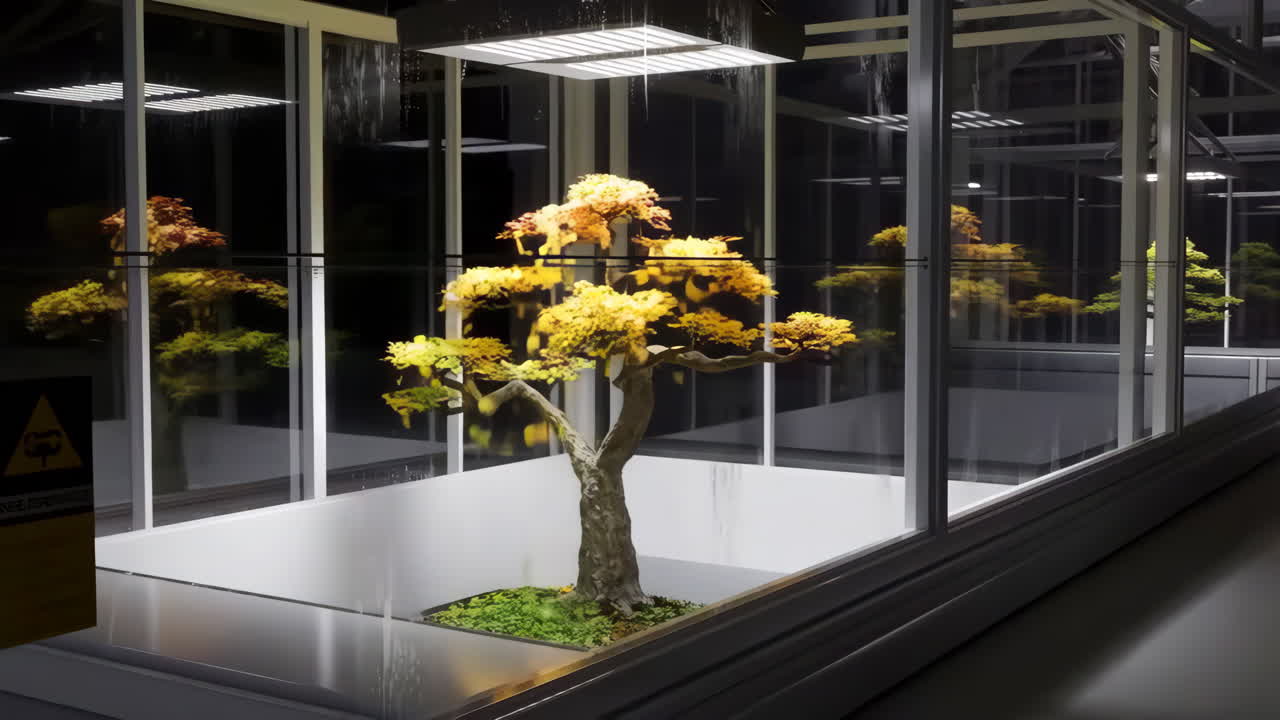 Bonsai Tree in a Modern, Controlled Glass Enclosure with Seasonal Foliage Transformation