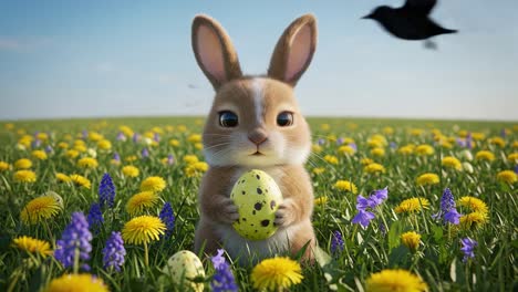a charming bunny protector: an adorable rabbit holds a colorful egg amidst a field of dandelions and wildflowers in a serene spring landscape
