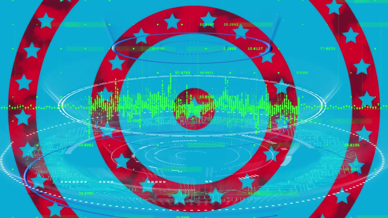 파란색 배경에 있는 원 위의 회전하는 별에 대한 통계 데이터 처리