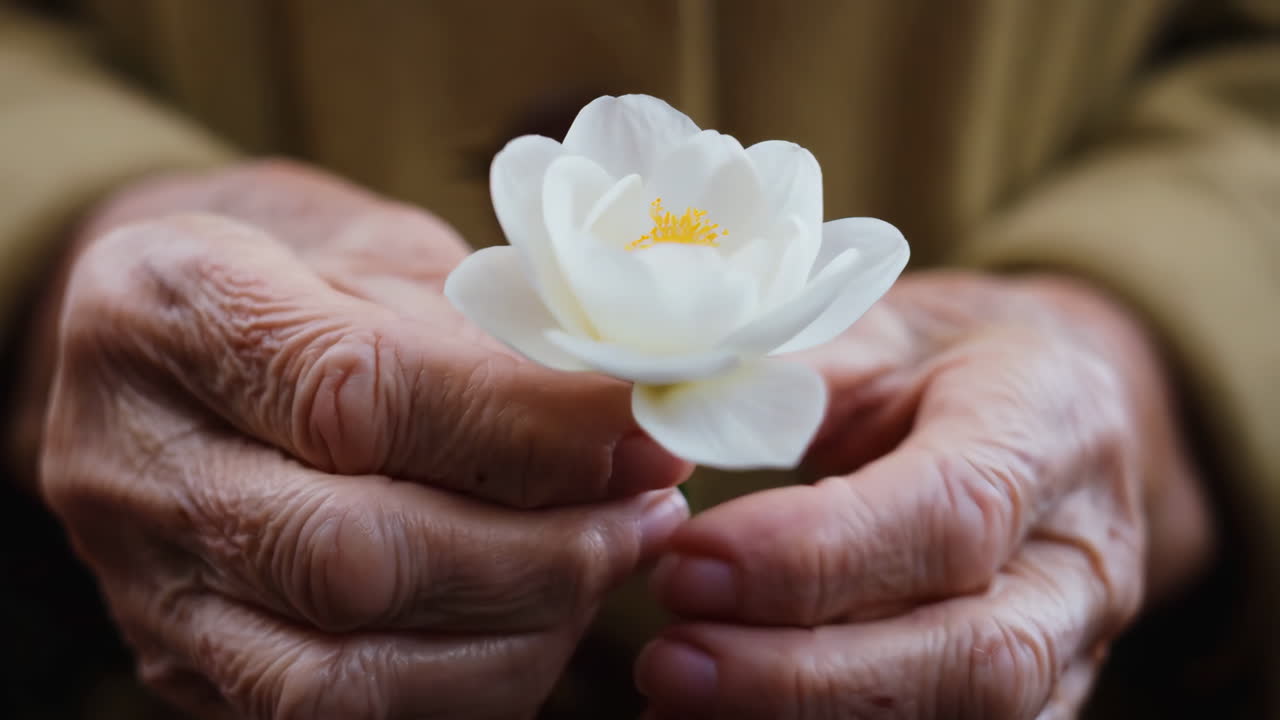 Elderly hands gently holding a delicate white flower