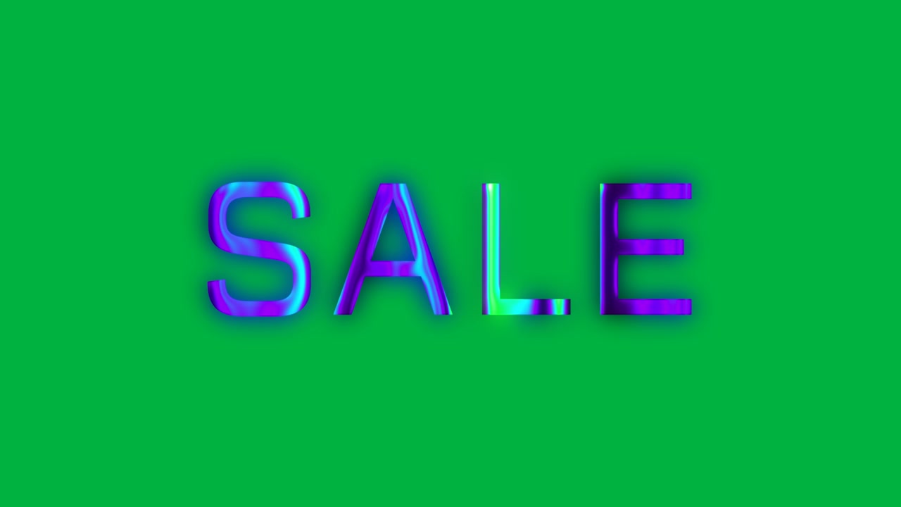 Animation of sale text in shining purple and green letters, on transparent background