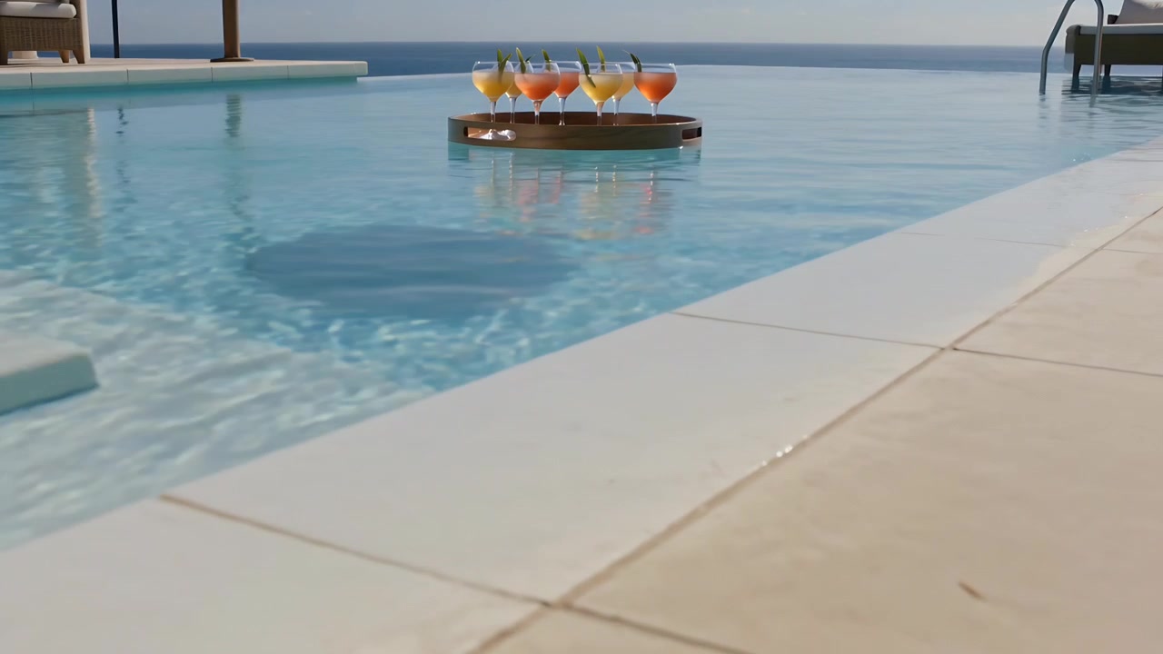 Moving camera revealing wooden tray floating in resort pool, showing six cocktails and pool shadow