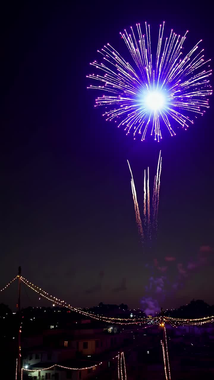 Vibrant fireworks burst in a night sky over a cityscape, captured from a low angle