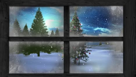 Wooden-window-frame-against-snow-falling-over-christmas-tree-on-winter-landscape