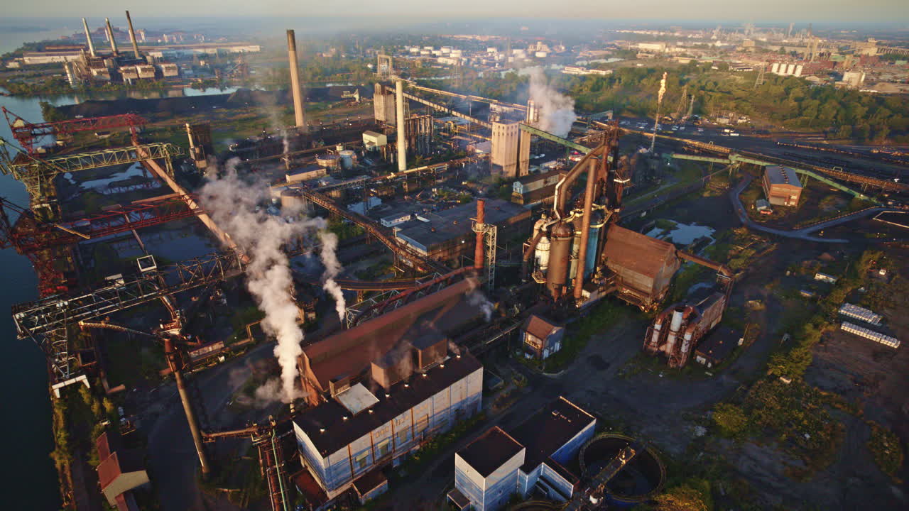 Drone shot looking over Detroit river looking at vast industrial landscape