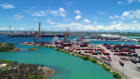 aerial panoramic view of shipping container port clear blue sky sunny day curacao caribbean