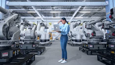 ingeniera mujer enfrentando un problema en una fábrica con robots