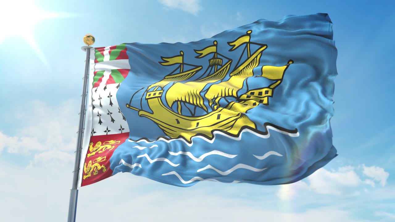 세인트 피에르와 미론의 발이 깊은 파란 하늘을 배경으로 바람에 흔들리고 있습니다. 국가 테마, 국제 개념. 3d 렌더리 원활한 루프 4k