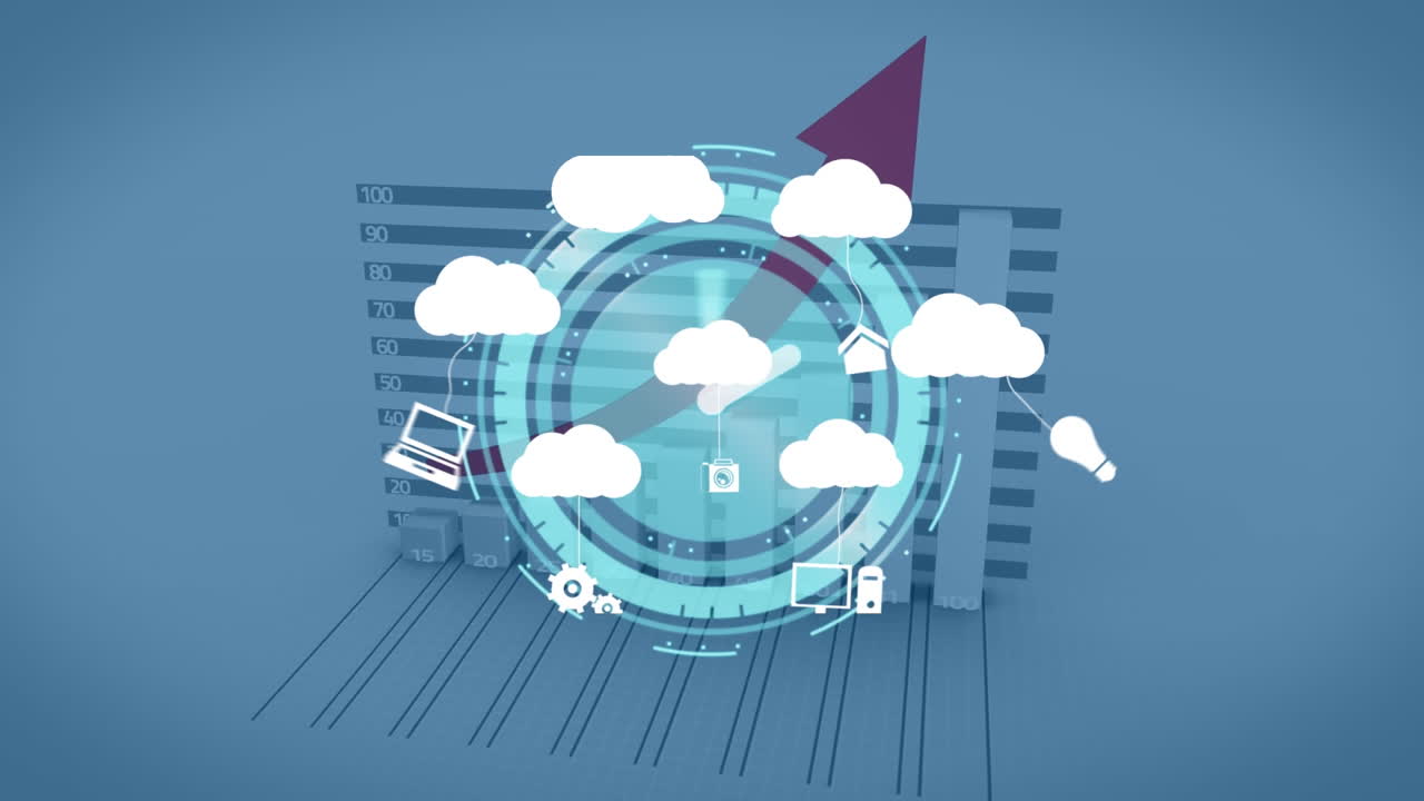 Animation of clouds with icons over graph with arrow and moving clock