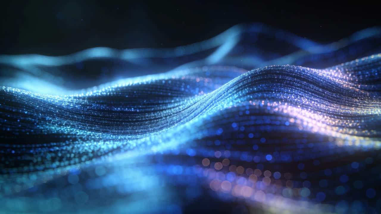 Animating luminous particle wave field shifting sideways across dark void, with glowing strands