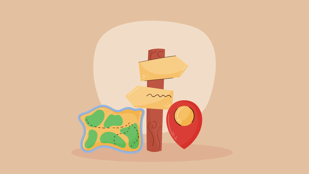 mapa de papel con ubicación de alfileres y flechas guía animación
