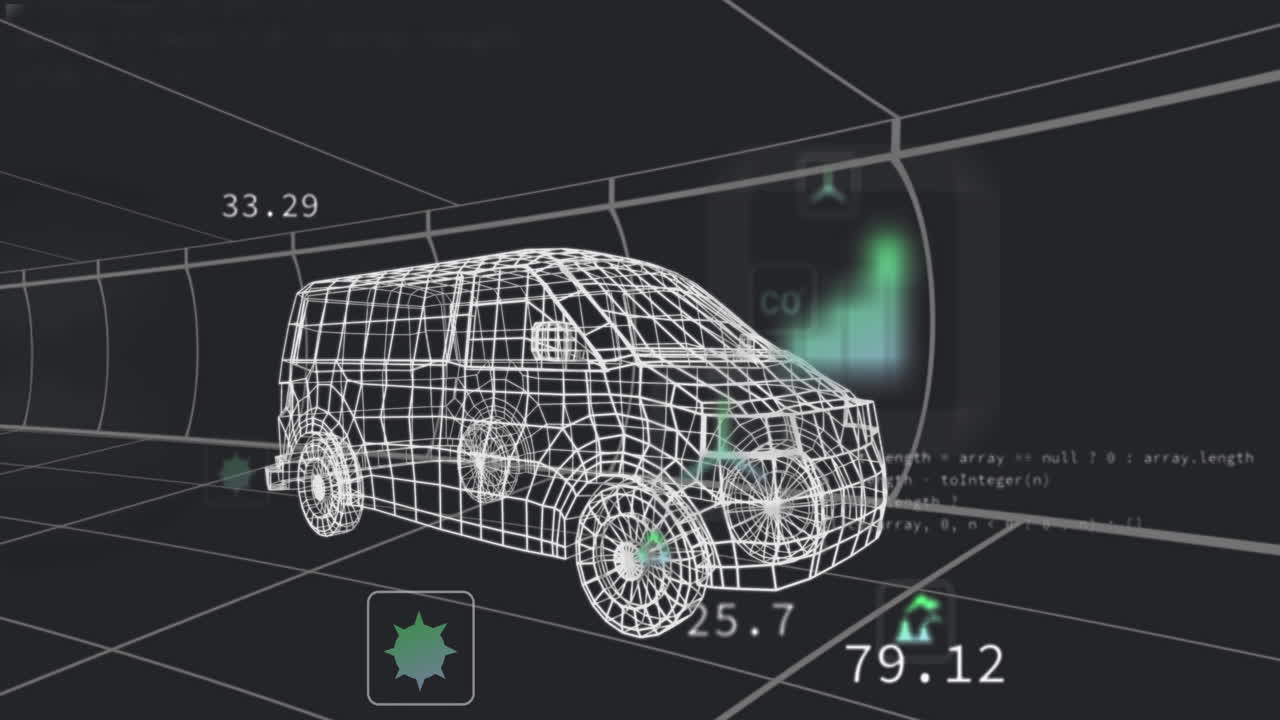 Wireframe van with data and graphs in futuristic animation interface