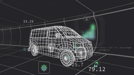 wireframe van with data and graphs in futuristic animation interface