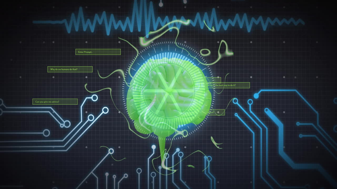 Animation of human brain, data processing and statistics over globe